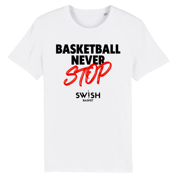 T-Shirt Homme Blanc Noir Rouge - 100% Coton BIO🌱 - Basketball Never Stop