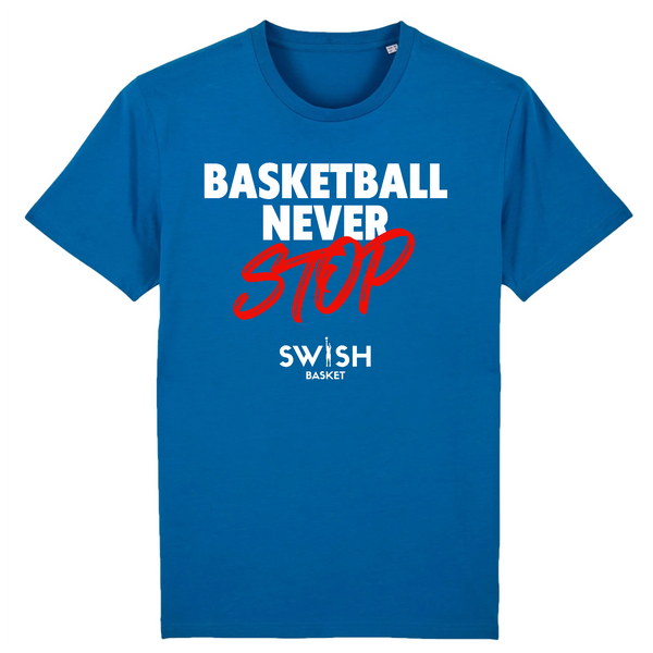 T-Shirt Homme Bleu Blanc Rouge - 100% Coton BIO🌱 - Basketball Never Stop
