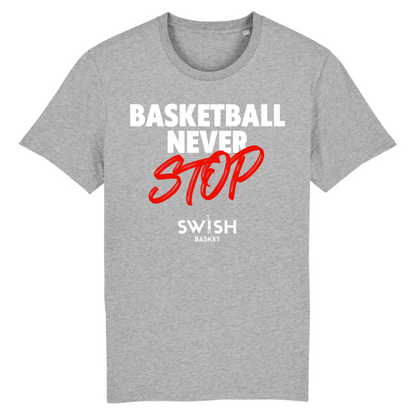 Tee Shirt Homme Gris Blanc Rouge - 100% Coton BIO🌱 - Basketball Never Stop