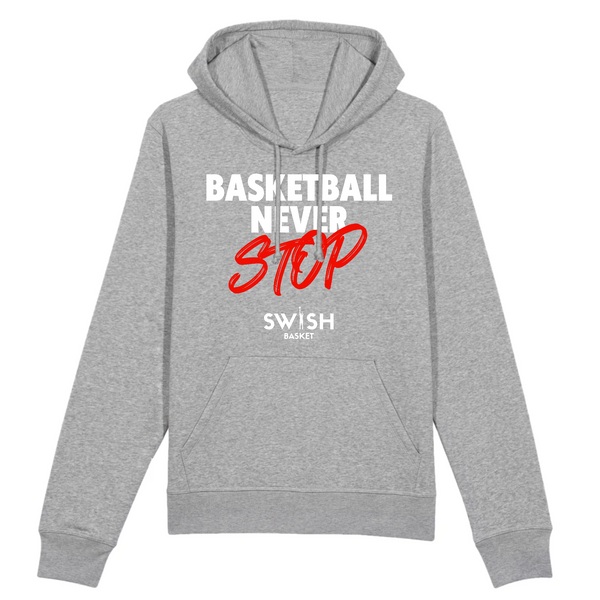 Hoodie Femme Gris Blanc Rouge - Coton BIO🌱 - Basketball Never Stop