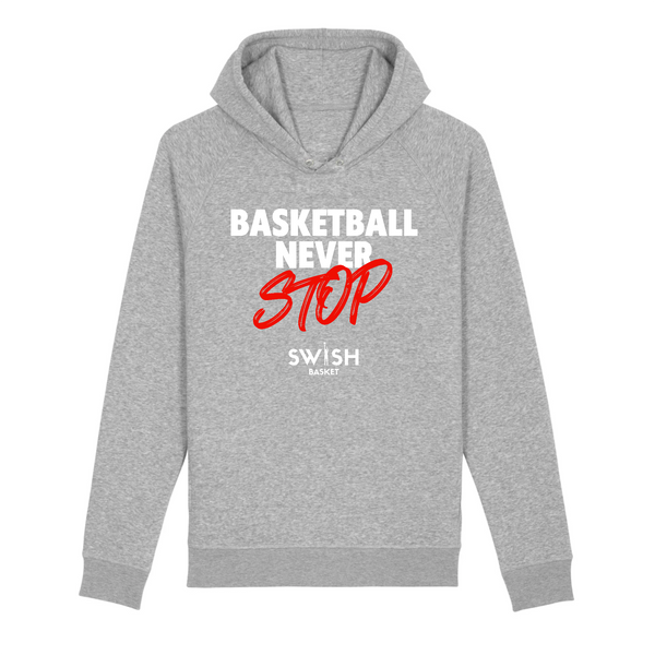 Sweat Capuche Femme Gris Blanc Rouge - Coton BIO🌱 - Basketball Never Stop