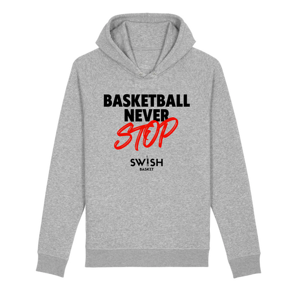 Sweat Capuche Homme Gris Noir Rouge - Coton BIO🌱 - Basketball Never Stop