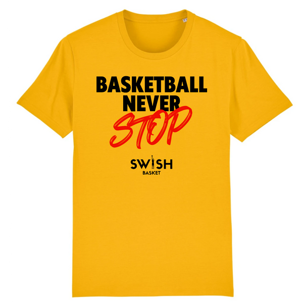 T-Shirt Homme Jaune Noir Rouge - 100% Coton BIO🌱 - Basketball Never Stop