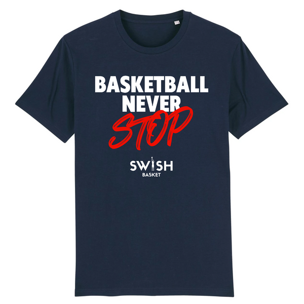 TShirt Homme Marine Blanc Rouge - 100% Coton BIO🌱 - Basketball Never Stop