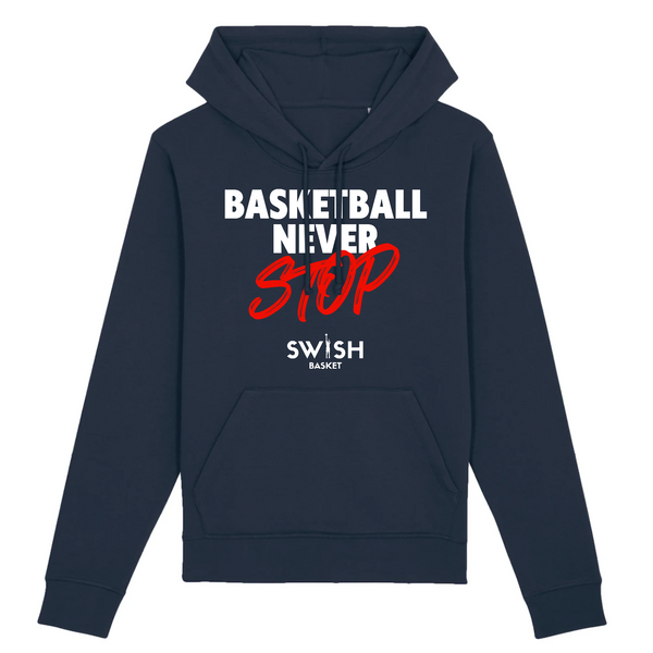 Hoodie Homme Marine Blanc Rouge - Coton BIO🌱 - Basketball Never Stop