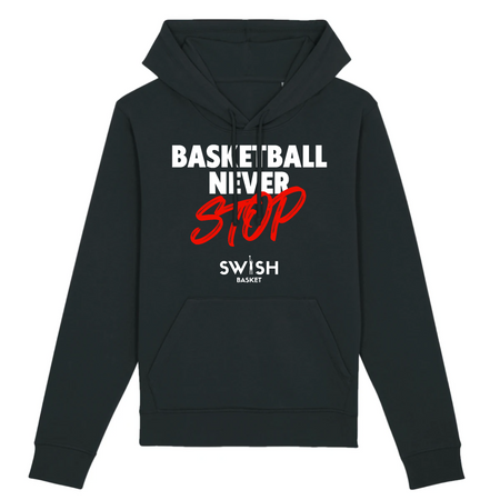 Hoodie Homme Noir Blanc Rouge - Coton BIO🌱 - Basketball Never Stop