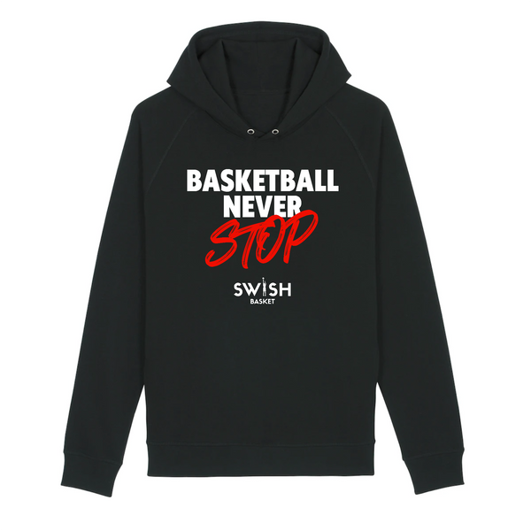 Sweat Capuche Femme Noir Blanc Rouge - Coton BIO🌱 - Basketball Never Stop