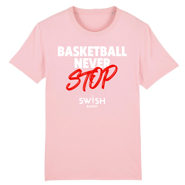 Tee Shirt Homme Rose Blanc Rouge - 100% Coton BIO🌱 - Basketball Never Stop