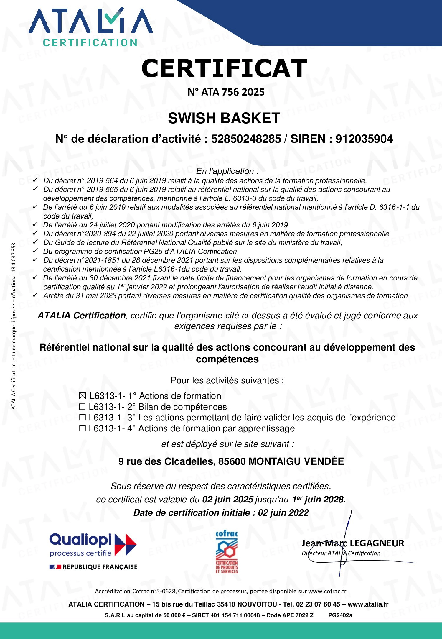 Certificat Qualiopi Swish Basket — organisme de formation certifié depuis 2022